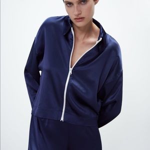ZARA Navy Blue Satin Effect Cropped Jacket sz Medium